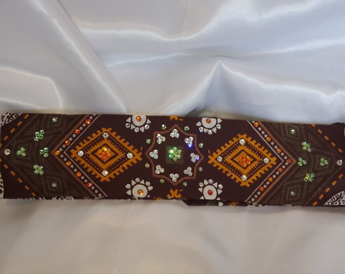 Narrow Aztec Brown Elephant with Light Green, Orange and Diamond Clear Crystals (Sku1175)