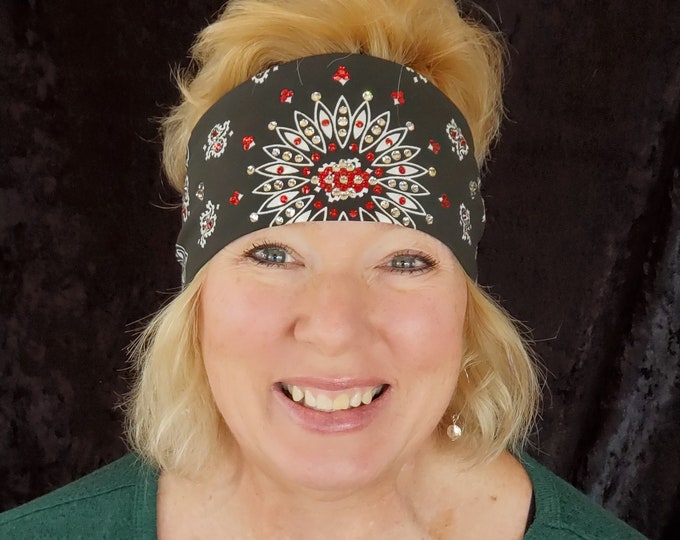 Black Paisley Bandana with Red and Diamond Clear Austrian Crystals (Sku1923)