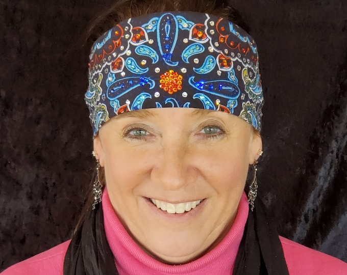 Blue Indian Design Bandana with Orange, Blue, Turquoise and Diamond Clear Austrian Crystals (Sku1404)