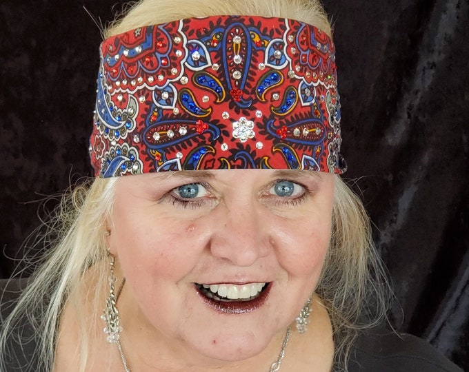 Red Indian Bandana with Clear, Blue and Red Crystals (Sku1200)