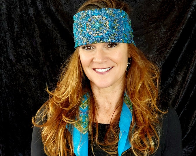 Long Turquoise and Olive Green Indian Swarovski Crystal Scarf (Sku3023)