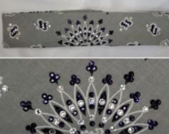 Narrow Silver Paisley Bandana with Dark Purple and Diamond Clear Austrian Crystals (Sku2111)