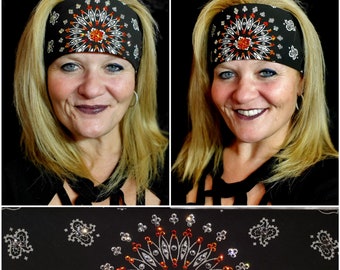 EXTRA BLING - Black Paisley With Orange and Diamond Clear Austrian Crystals (Sku4603)
