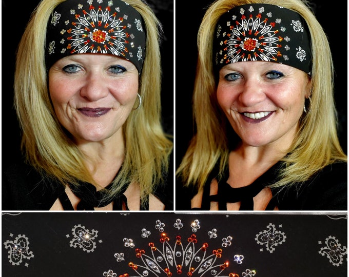 EXTRA BLING - Black Paisley With Orange and Diamond Clear Austrian Crystals (Sku4603)
