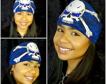 Blue Skull & Cross Bones Bandana with Blue and Diamond Clear Austrian Crystals (Sku1096)