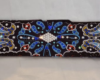 Narrow Blue Indian Bandana with Blue, Turquoise and Diamond Clear Austrian Crystals (Sku1405)