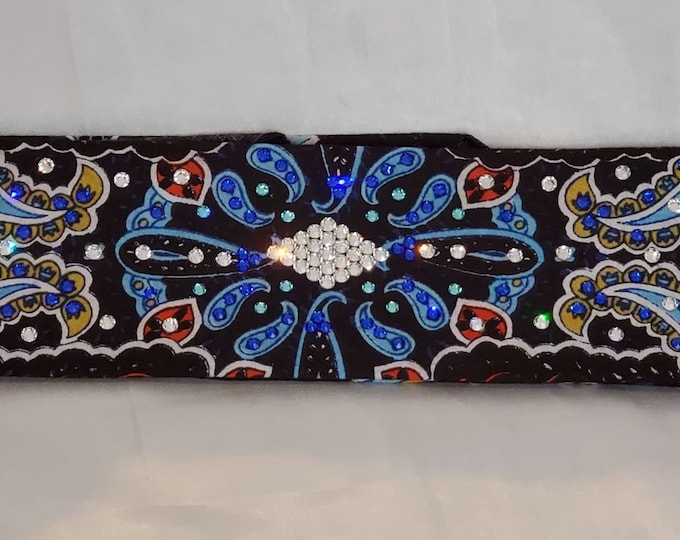 Narrow Blue Indian Bandana with Blue, Turquoise and Diamond Clear Austrian Crystals (Sku1405)