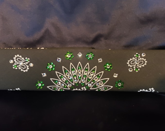 Narrow Black Paisley Bandana with Dark Green and Diamond Clear Austrian Crystals (Sku2077)