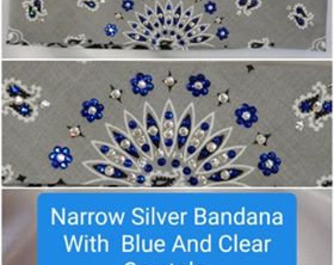Narrow Silver Paisley with Dark Blue and Diamond Clear Austrian Crystals (Sku2112)