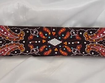 Narrow Coral Indian Bandana with Orange, Turquoise and Diamond Clear Austrian Crystals (Sku1411)