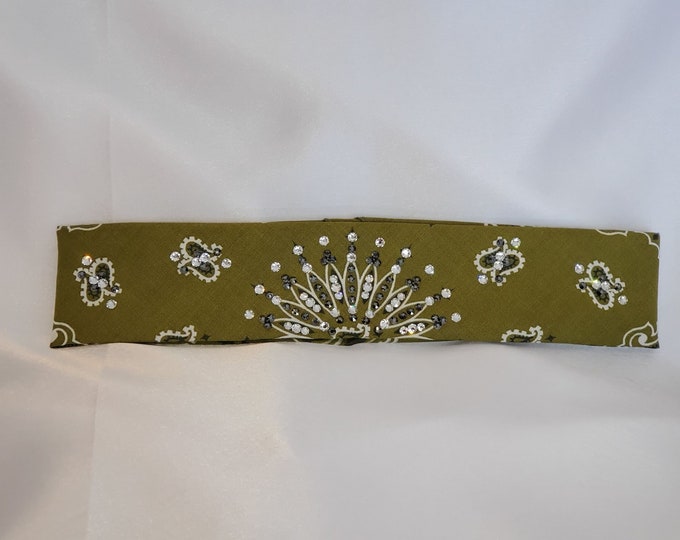 Narrow Olive Green Paisley With Jet Black Hematite and Diamond Clear Swarovski Crystals (Sku2175)