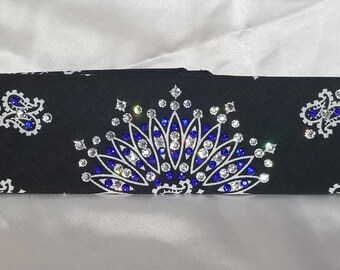 Narrow Black Paisley Bandana With Bright Blue and Clear Austrian Crystals (Sku2060)