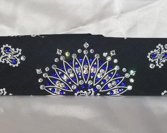 Narrow Black Paisley Bandana With Bright Blue and Clear Austrian Crystals (Sku2060)