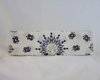 White Paisley Bandana with Blue and Diamond Clear Austrian Crystals (Sku2022)