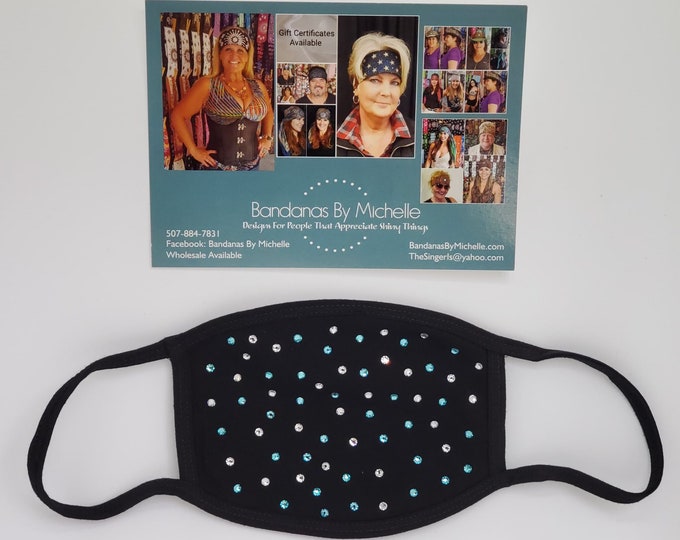 Black Face Mask with Turquoise and Diamond Clear Swarovski Crystals