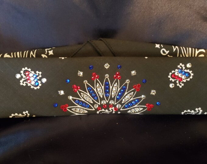 Narrow Black Paisley Bandana with Red, Blue and Diamond Clear Austrian Crystals (Sku2082)