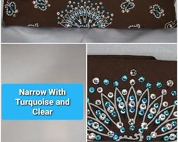 Narrow Brown Paisley Bandana with Turquoise and Diamond Clear Austrian Crystals (Sku2129)