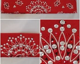 Narrow Red Paisley Bandana with Red and Diamond Clear Austrian Crystals (Sku2101)