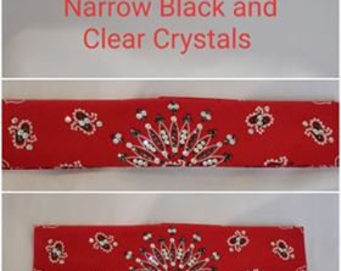 Narrow Red Paisley Bandana with Black and Diamond Clear Austrian Crystals (Sku2102)