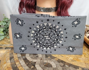 Wide Grey and Black Paisley with Diamond Clear Austrian Crystals (Sku9726)