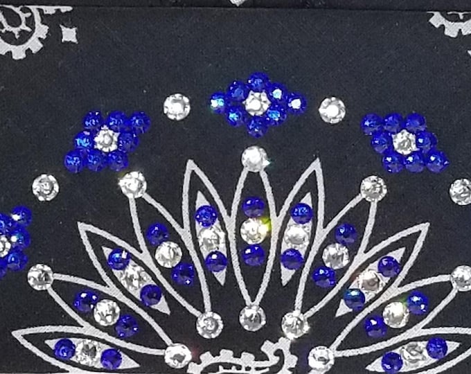 Narrow Black Paisley Bandana with Blue and Diamond Clear Austrian Crystals (Sku2062)