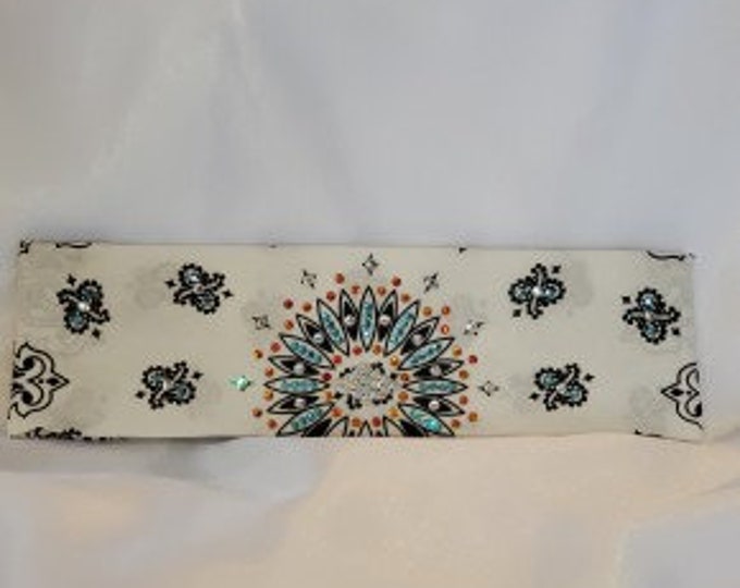 White Paisley Bandana with Turquoise, Orange and Diamond Clear Austrian Crystals (Sku2016)
