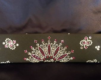 Narrow Black Paisley Bandana with Fuchsia and Diamond Clear Austrian Crystals (Sku2072)