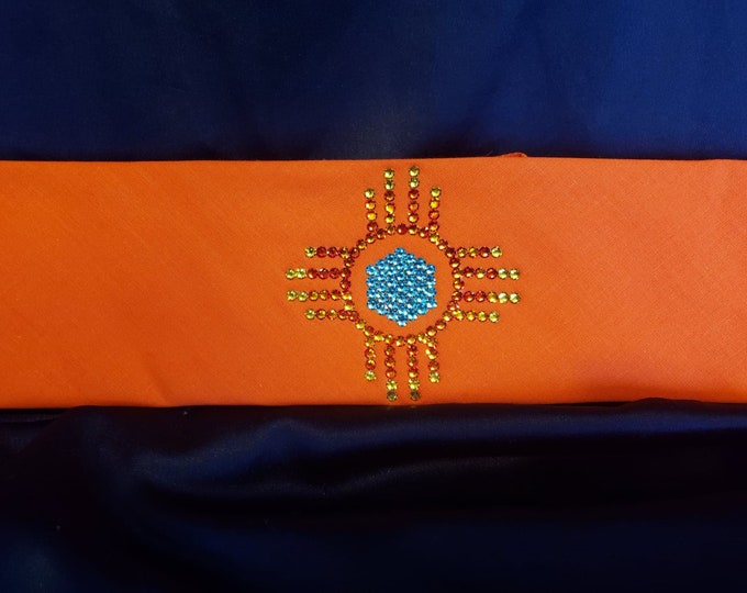 Zia on Orange Bandana with Orange, Yellow and Turquoise Austrian Crystals (Sku9700)