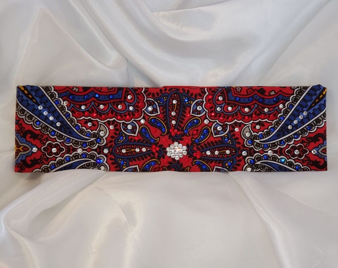 Red Indian Style Bandana with Red, Blue and Diamond Clear Swarovski crystals (Sku1407)