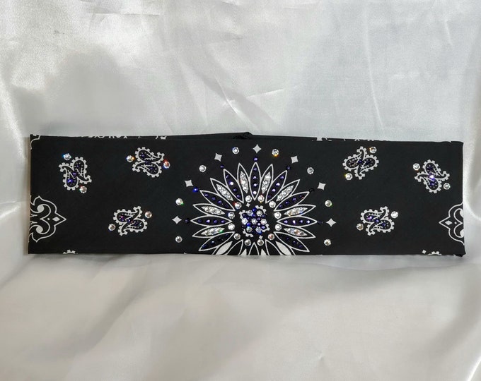 Black Paisley Bandana with Dark Purple and Diamond Clear Austrian Crystals (Sku1940)