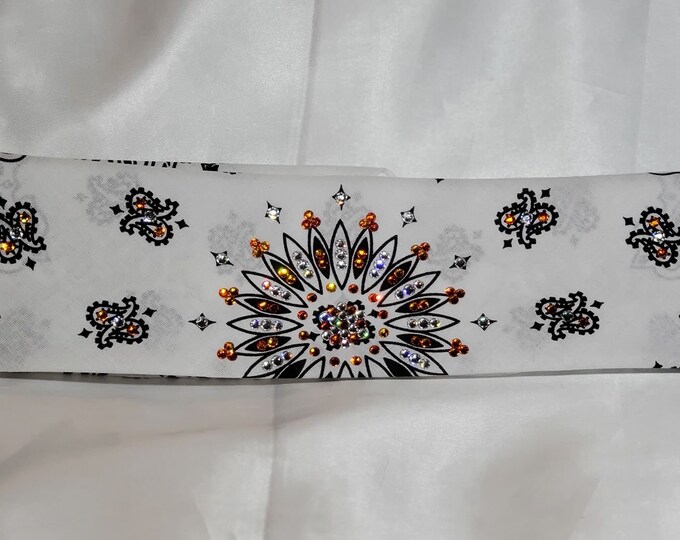 White Paisley Bandana with Orange and Diamond Clear Austrian Crystals (Sku2005)