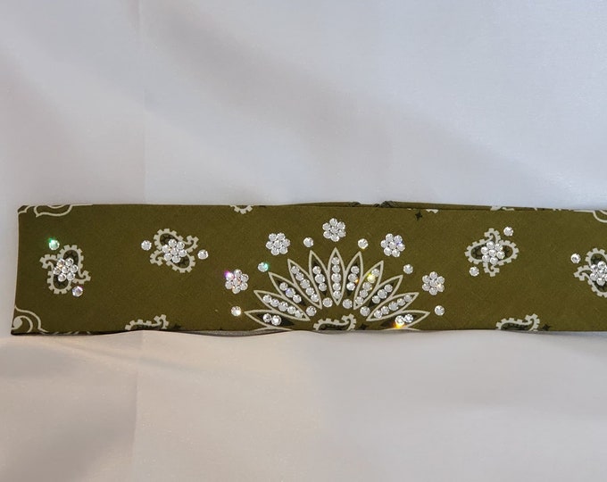 Narrow Olive Green Paisley Bandana with Diamond Clear Austrian Crystals (Sku2176)