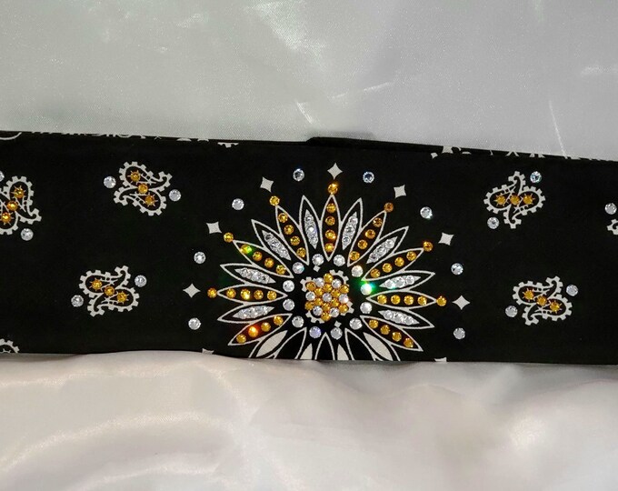 Black Paisley Bandana With Yellow and Diamond Clear Austrian Crystals (Sku1936)