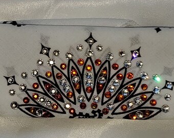 Narrow White Paisley Bandana with Orange and Clear Austrian Crystals (Sku2032)