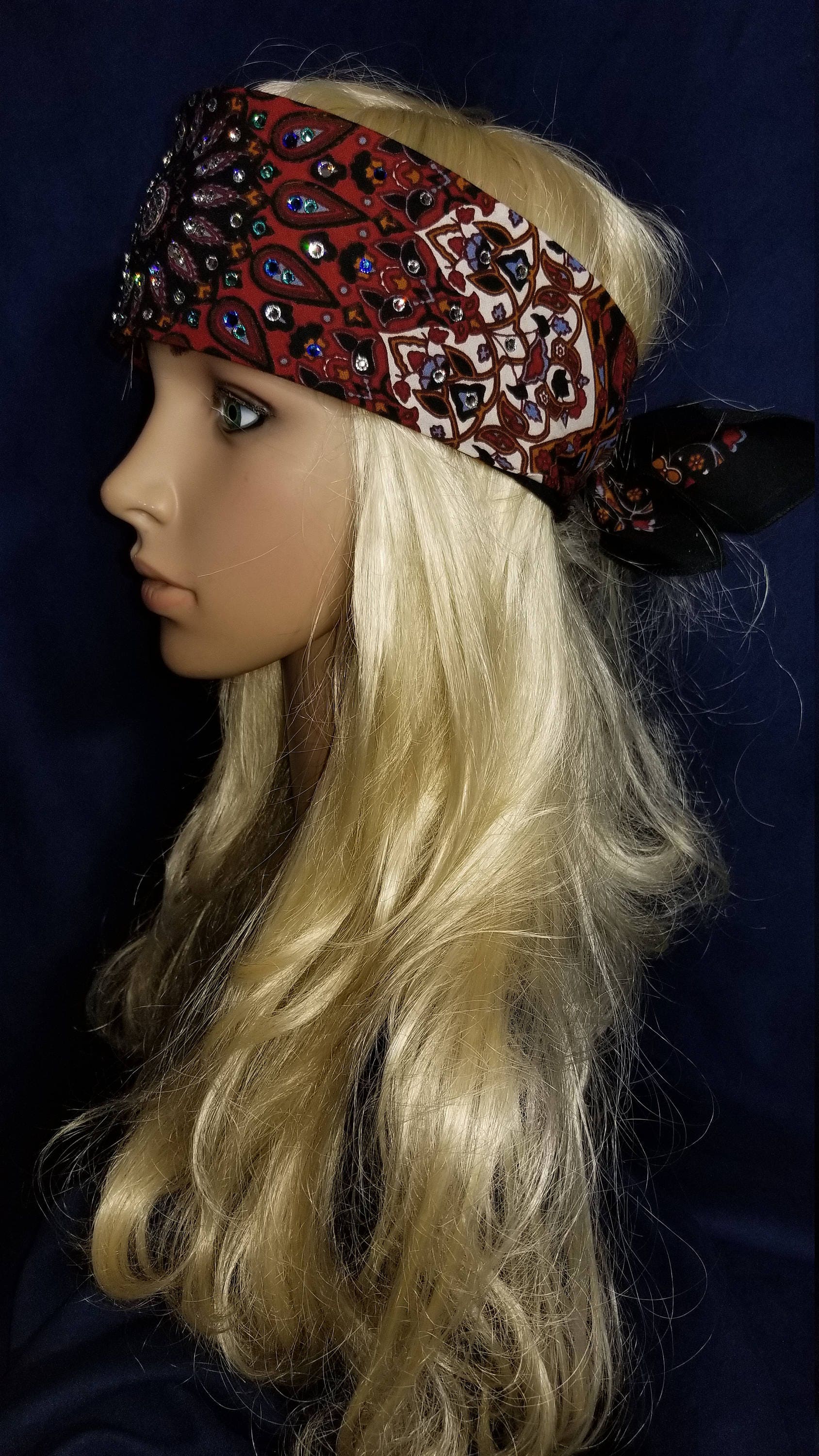 Rust Indian bandana with blue, clear and light turquoise Swarovski Crystals