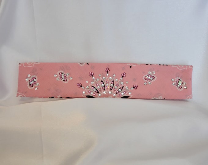 Narrow Light Pink Paisley Bandana with Pink Rose and Diamond Clear Austrian Crystals (Sku2153)