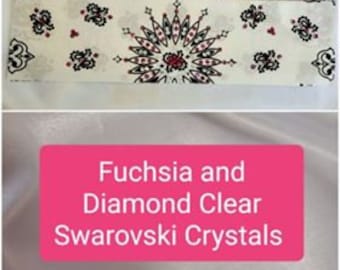 White Paisley Bandana with Fuchsia and Diamond Clear Austrian Crystals (Sku2019)