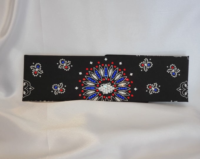 Black Paisley Bandana With Red, Blue and Diamond Clear Austrian Crystals (Sku1946)