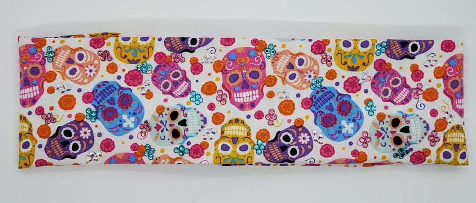 PINK Skull & Rose themed pastel  Bandana with Swarovski Crystals Blinged Out ! Pastel Sugar Skulls Bandana With Turquoise, Pink and Aurora  main image 2