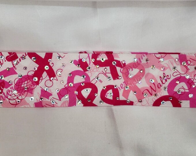 Narrow Breast Cancer Bandana with Light Pink and Diamond Clear Swarovski Crystals (Sku1427)