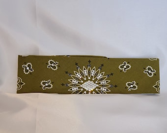 Olive Green Paisley Bandana with Jet Hematite and Diamond Clear Austrian Crystals (Sku2178)