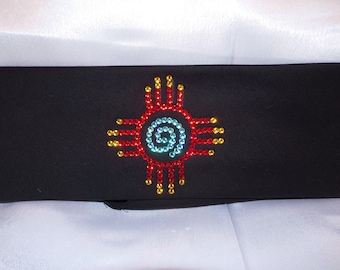 Zia on Black with Turquoise, Red and Yellow Swarovski Crystals (Sku9714)