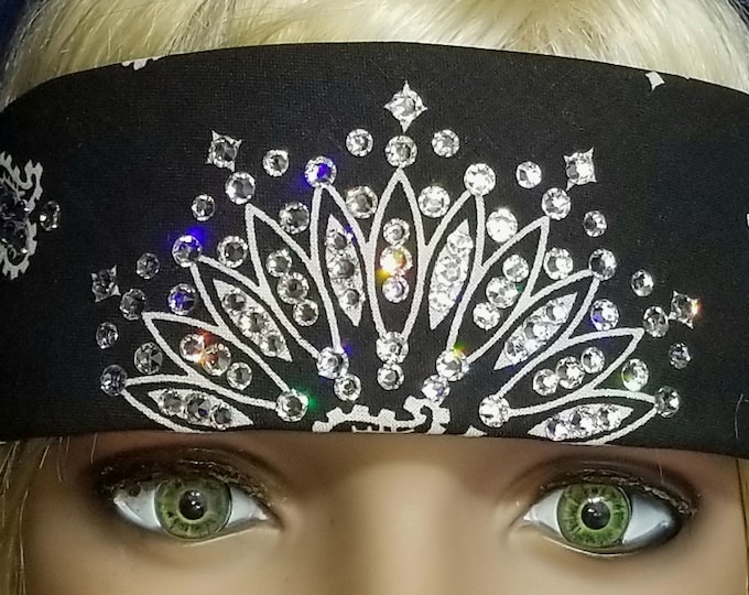 Narrow Black Paisley Bandana With Diamond Clear Swarovski Crystals (Sku2055)