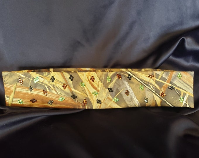 Narrow Camo Bandana with Green, Black and Brown Austrian Crystals (Sku9086)