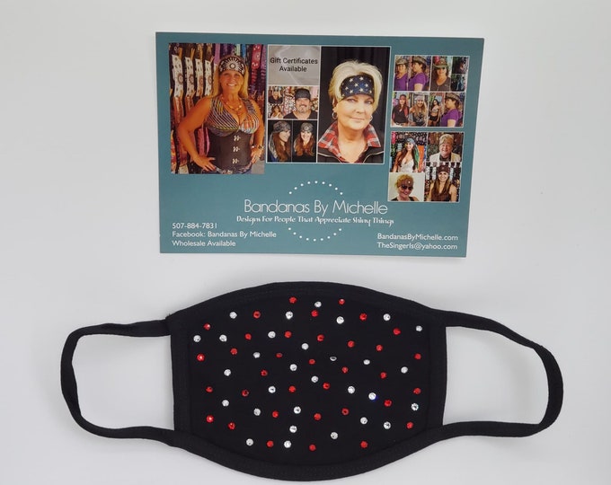 Black Face Mask with Red and Diamond Clear Swarovski Crystals