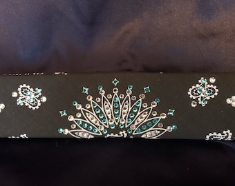 Narrow Black Paisley Bandana with Turquoise and Diamond Clear Austrian Crystals (Sku2087)