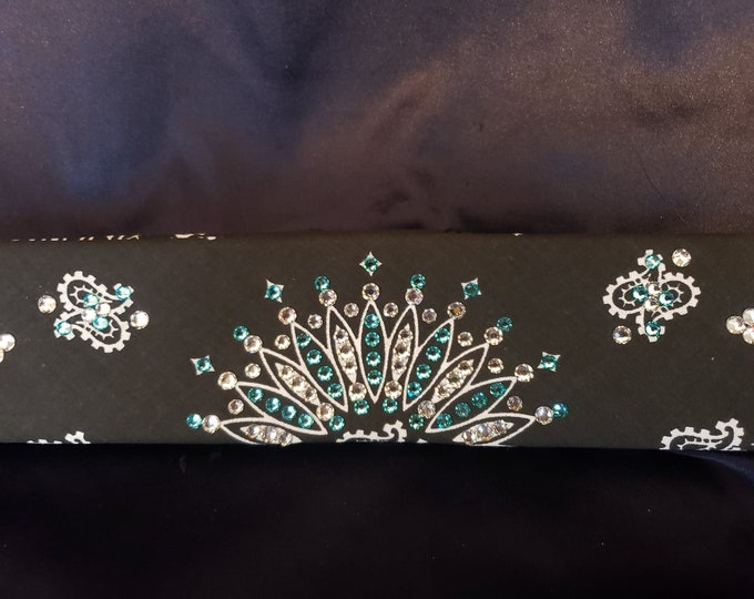 Narrow Black Paisley Bandana with Turquoise and Diamond Clear Austrian Crystals (Sku2087)