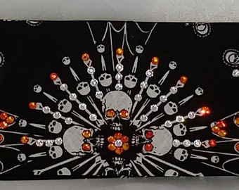 Spider Web Skull Bandana with Orange and Diamond Clear Austrian Crystals (Sku1652)