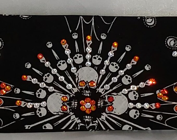 Spider Web Skull Bandana with Orange and Diamond Clear Austrian Crystals (Sku1652)