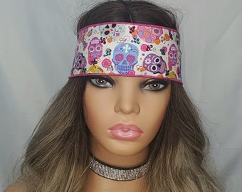 PINK Skull & Rose themed pastel  Bandana with Swarovski Crystals Blinged Out ! Pastel Sugar Skulls Bandana With Turquoise, Pink and Aurora  main image 3